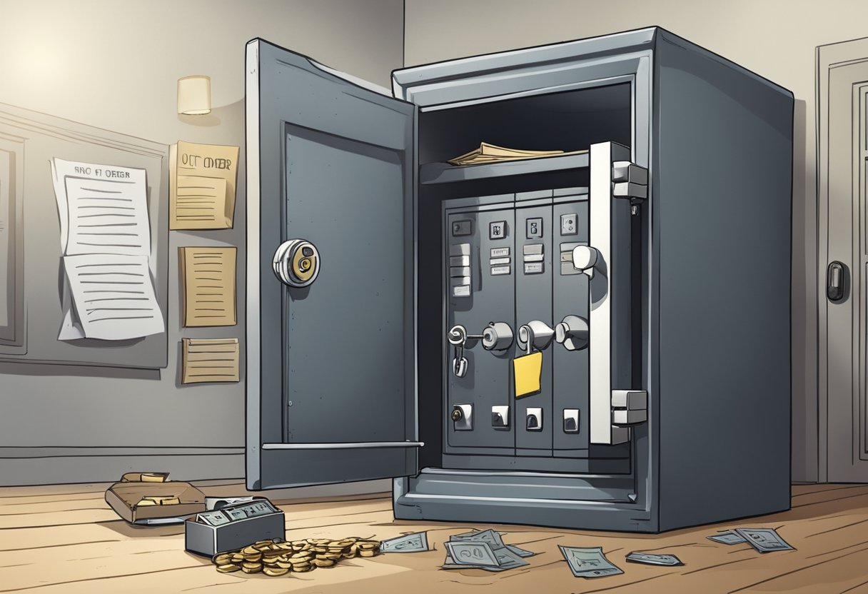 A locked safe with an empty vault, a broken lock, and a note stating "Out of order" in a dimly lit room